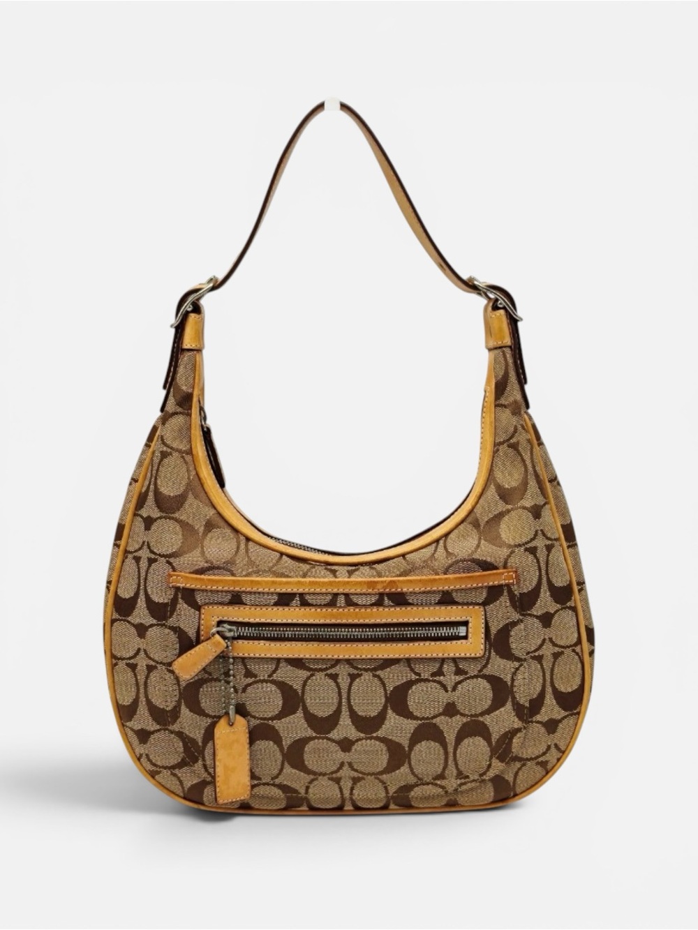Coach Signature Canvas Hobo Shoulder Bag Khaki Brown Leather Trim Zip Purse